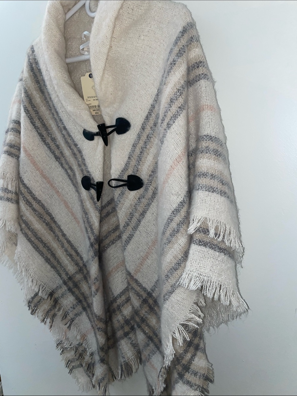 Cozy Fringe Plaid Shawl Poncho - Ivory, Gray, Blush